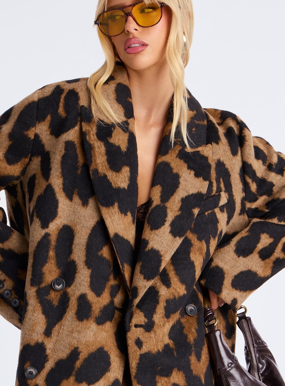 Leopard Print Long Women's Coat - Brown/Black - Picture 3 of 5